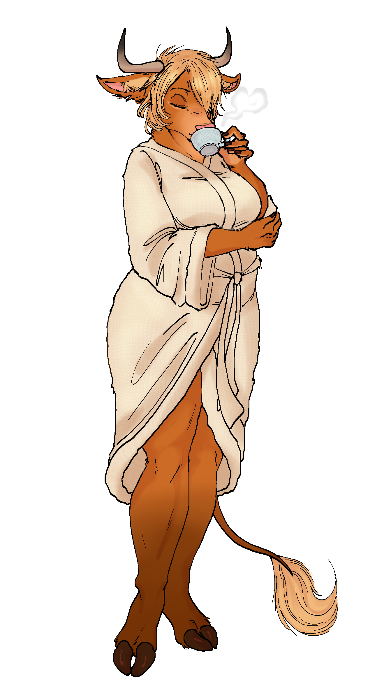 A picture of my Fursona Lizzy. She is wearing a bathrobe and drinking a cup of tea
