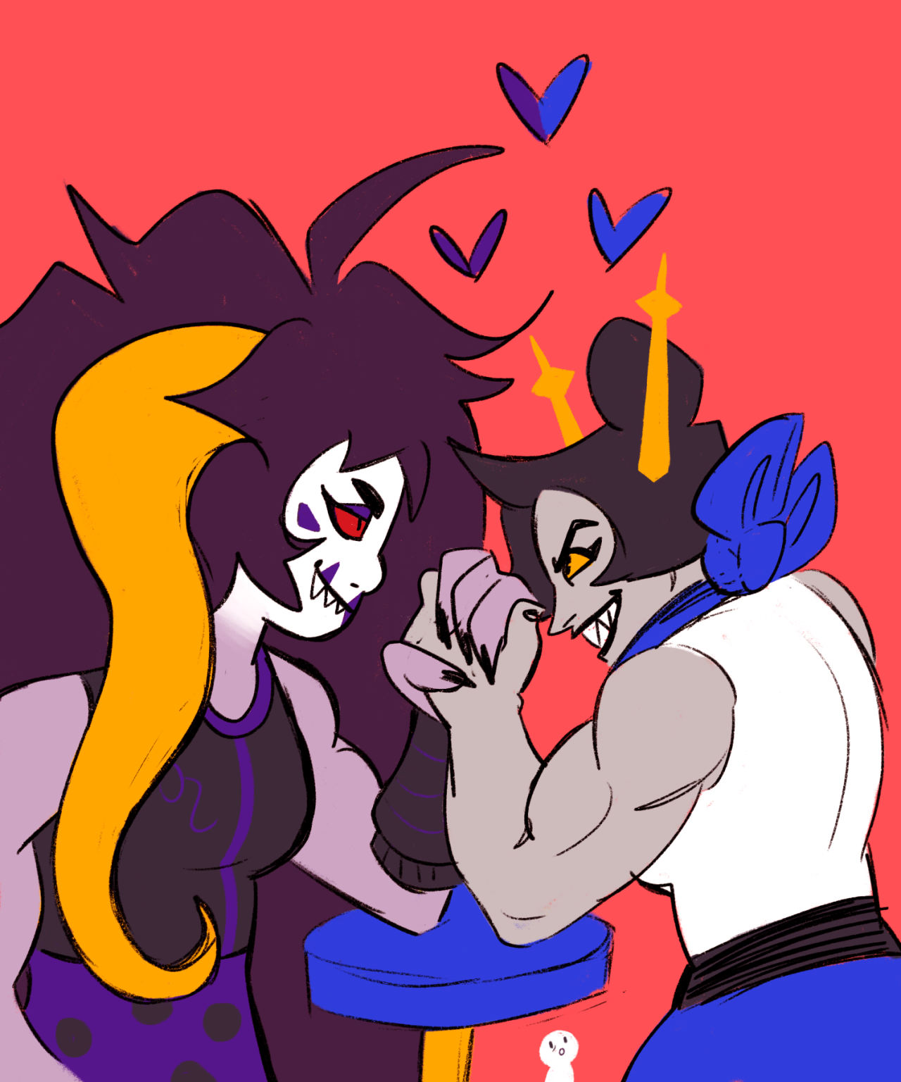 A picture of Nihkee Moolah and Chahut Maenad arm wrestling, with the ms paint adventure reader looking on in awe in the backround