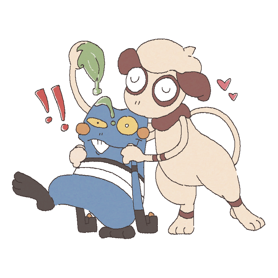 A picture of a Croagunk getting kissed by a Smeargle