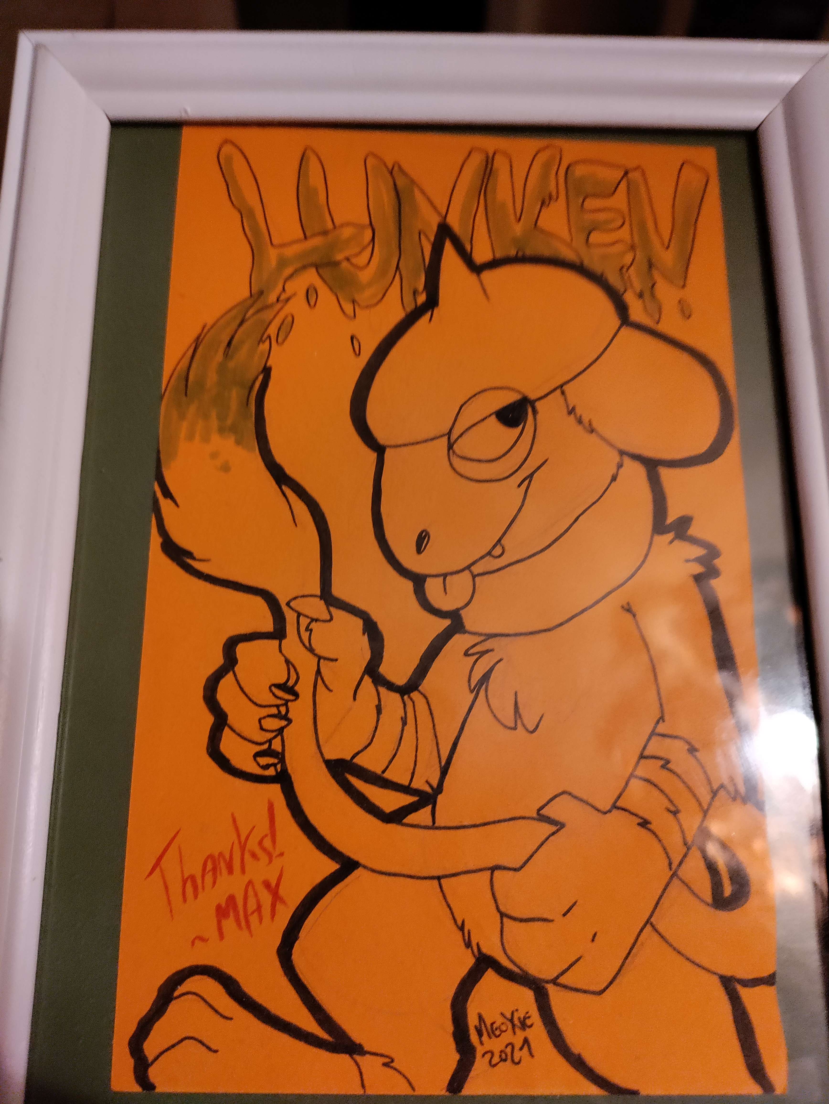 A picture of a Smeargle holding its tail and looking mischievous with Lunken writen in its paint above its head